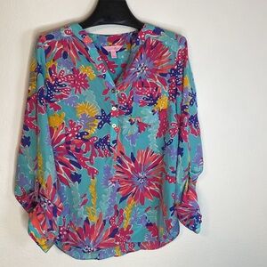 Lilly Pulitzer Sea Coral Silk Top in Blue, Pink & Purple – Size Small